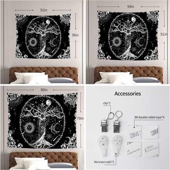 Tree of Life Tapestry, Sun, Moon, Galaxy Space Black & White Tapestry - 70"x90" - Picture 5 of 9